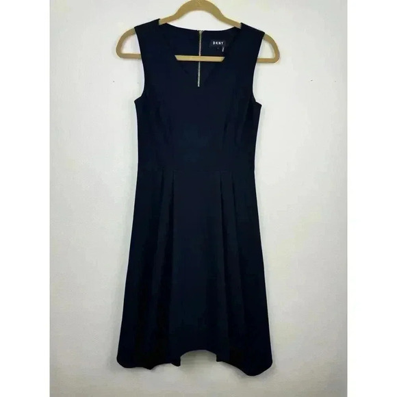DKNY Womens V Neck Sleeveless Fit + Flare Skater Style Dress Navy Size 4 - Picture 1 of 5